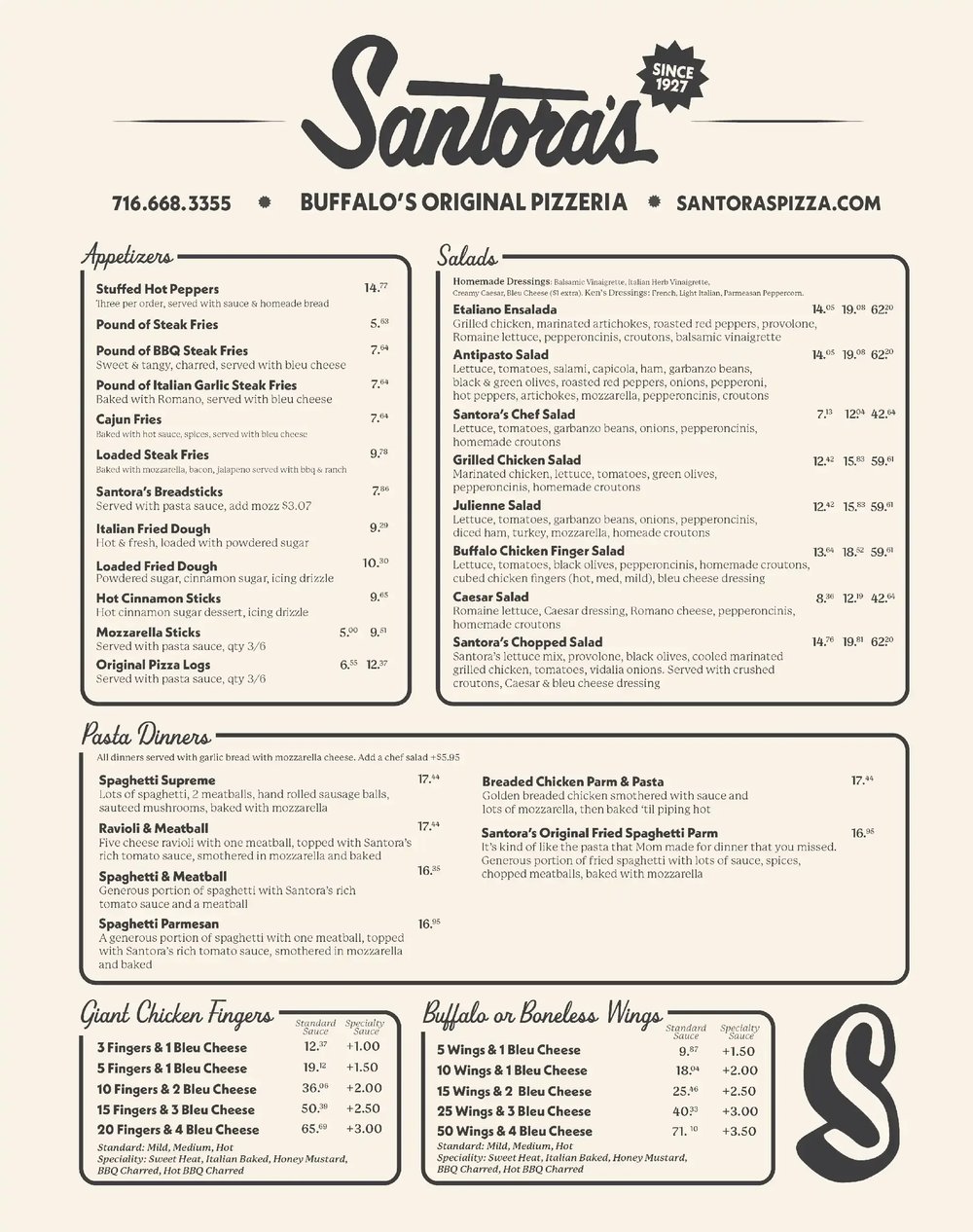 Santora's dine-in menu — Pizza, Subs, Specialty Pizzas, Cheese Pies, and Beverages