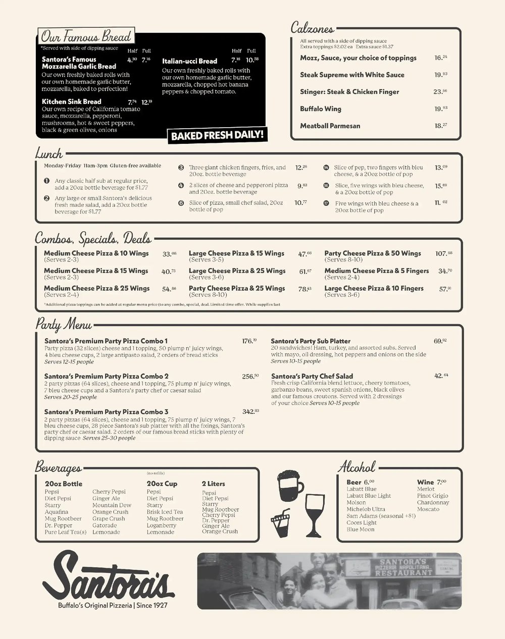 Santora's dine-in menu — Salads, Pasta, Sides, Desserts, and full price list